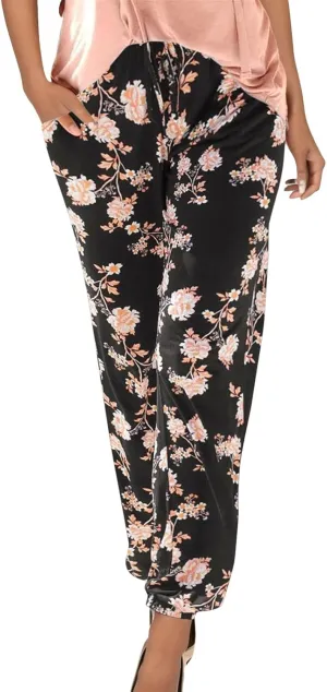 Women Wide Leg High Waist Drawstring Palazzo Pants Casual Summer Flowy Boho Beach Harem Slacks Printed Linen Trousers