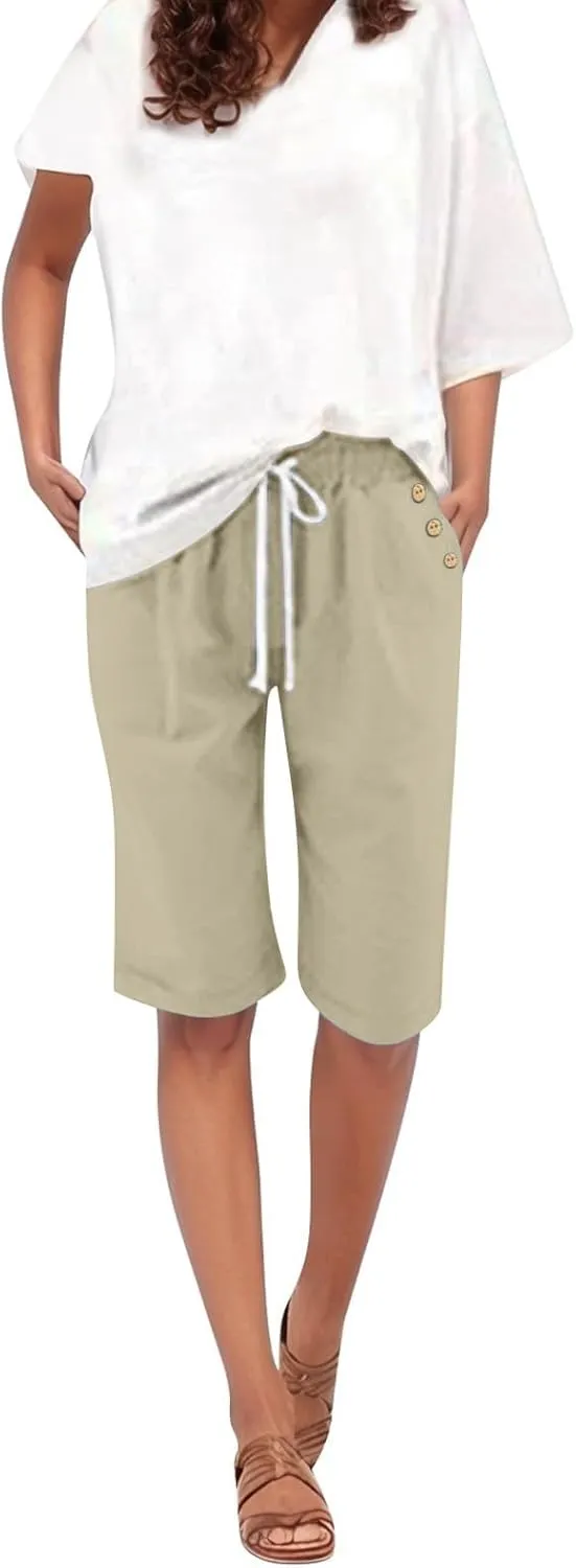 Women's Capri Pants Cotton and Linen Summer Loose Elastic Waist Workout Sweatpants Causal Lounge Pants with Pockets