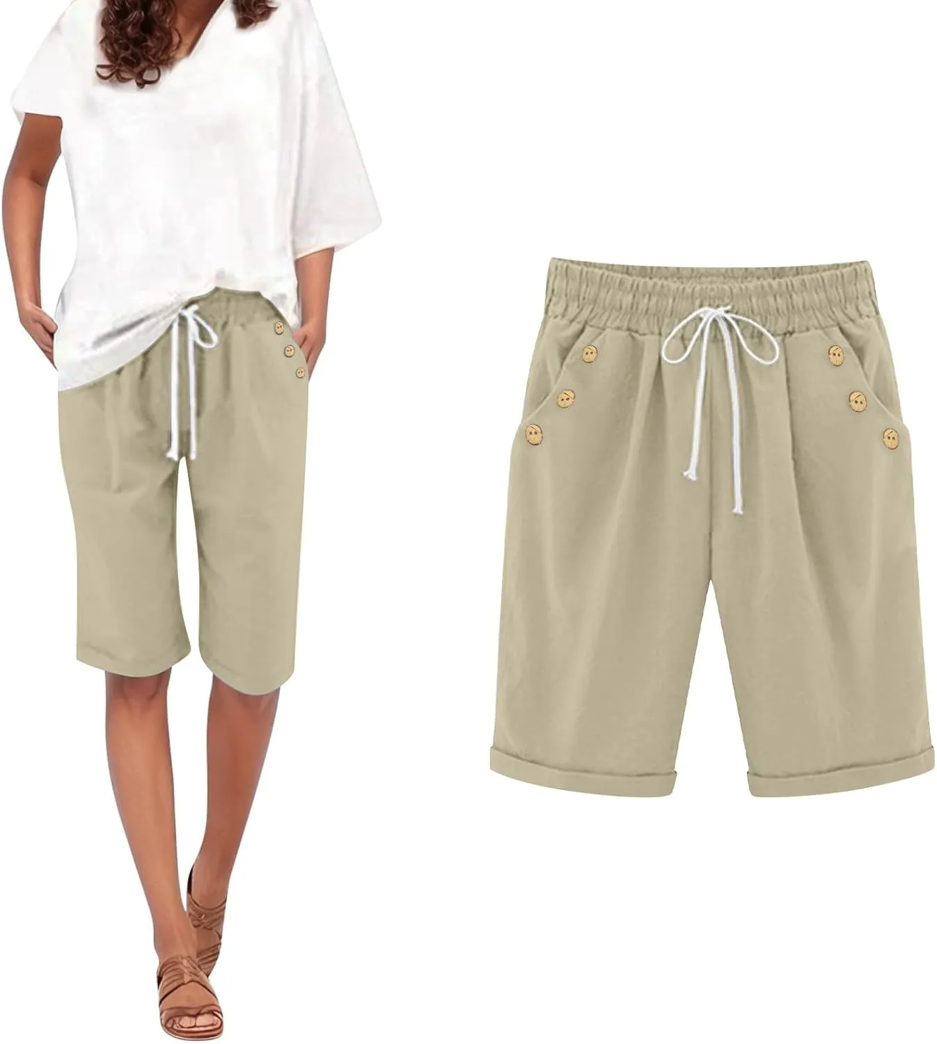 Women's Capri Pants Cotton and Linen Summer Loose Elastic Waist Workout Sweatpants Causal Lounge Pants with Pockets