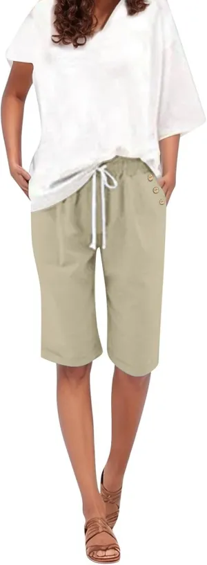 Women's Capri Pants Cotton and Linen Summer Loose Elastic Waist Workout Sweatpants Causal Lounge Pants with Pockets