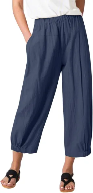 Womens Capri Pants Summer Straight Wide Leg Slacks Loose Comfy Fit Elastic Waist Cotton Linen Yoga Cropped Trousers
