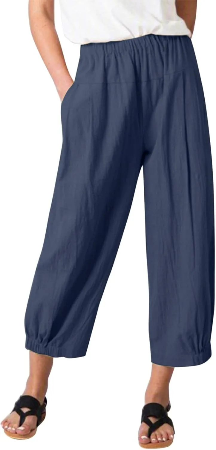Womens Capri Pants Summer Straight Wide Leg Slacks Loose Comfy Fit Elastic Waist Cotton Linen Yoga Cropped Trousers