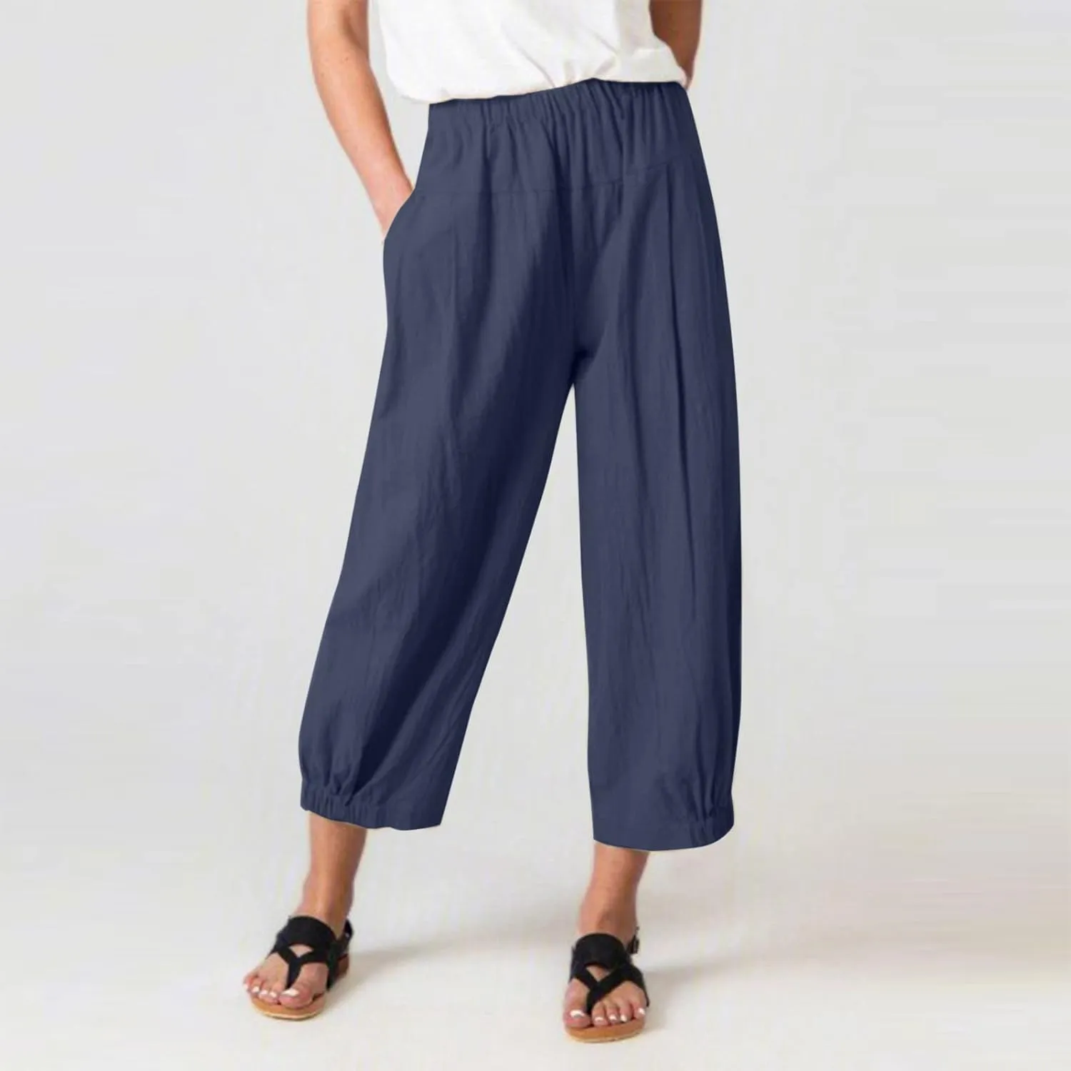 Womens Capri Pants Summer Straight Wide Leg Slacks Loose Comfy Fit Elastic Waist Cotton Linen Yoga Cropped Trousers