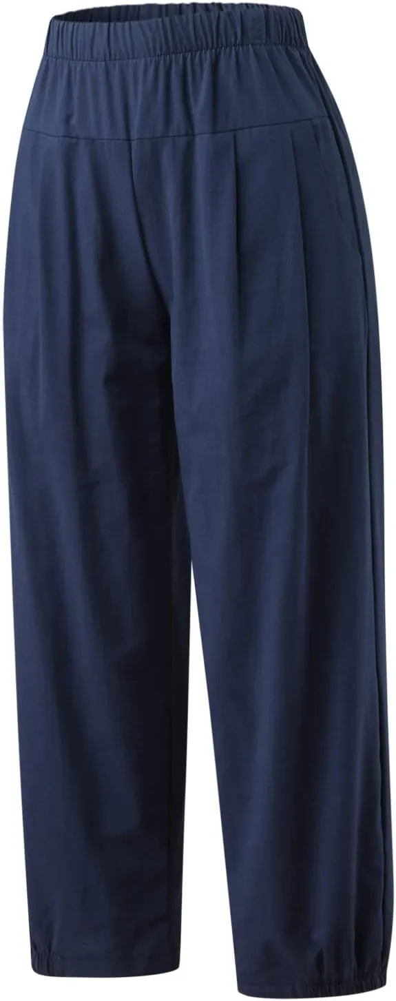 Womens Capri Pants Summer Straight Wide Leg Slacks Loose Comfy Fit Elastic Waist Cotton Linen Yoga Cropped Trousers
