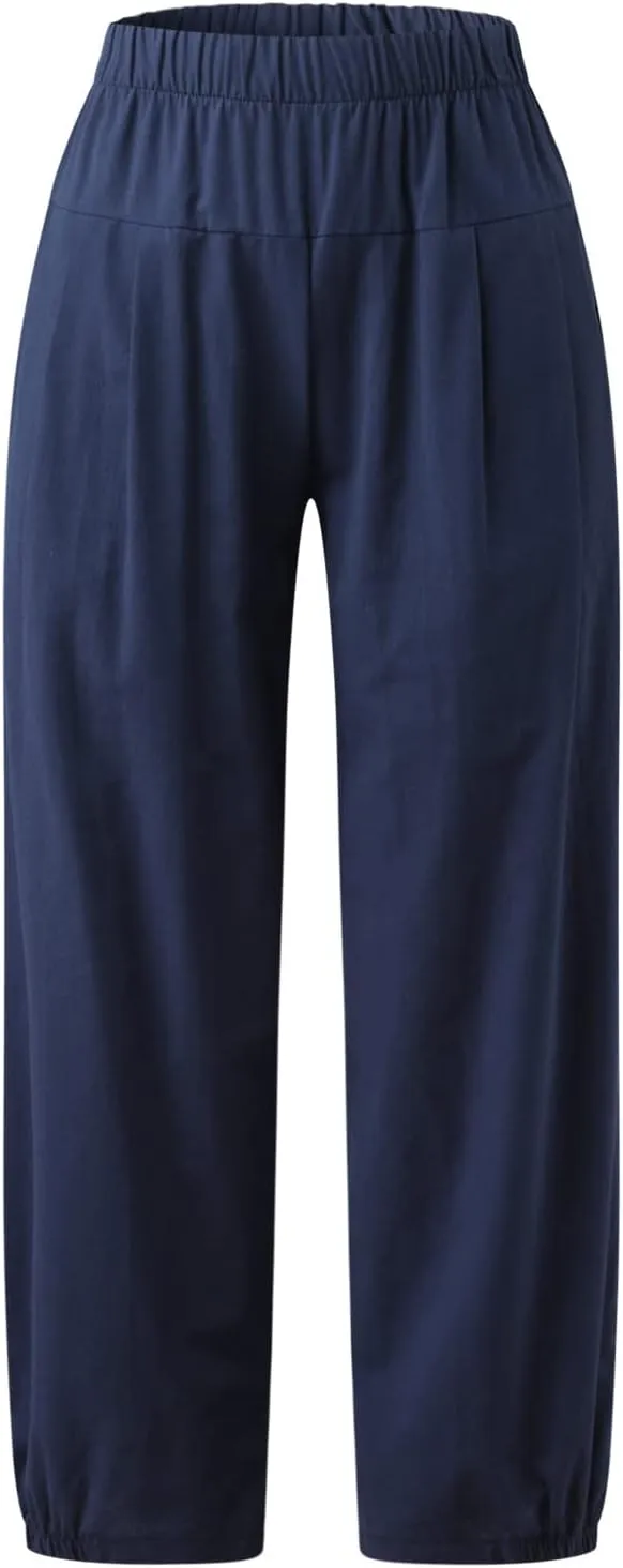 Womens Capri Pants Summer Straight Wide Leg Slacks Loose Comfy Fit Elastic Waist Cotton Linen Yoga Cropped Trousers