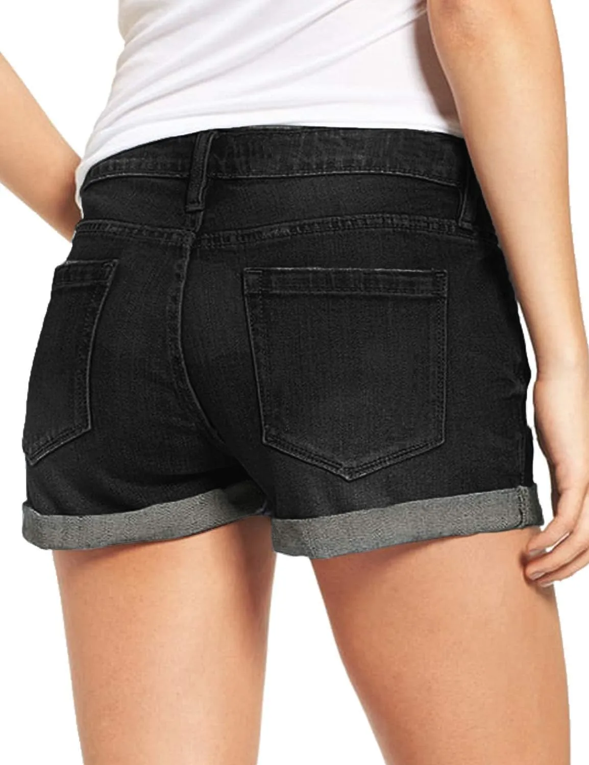 Women's Casual Denim Shorts Summer Mid Waist Stretchy Raw Frayed Folded Hem Jeans