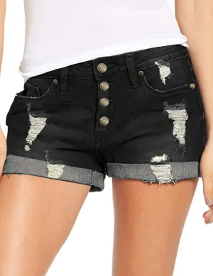 Women's Casual Denim Shorts Summer Mid Waist Stretchy Raw Frayed Folded Hem Jeans