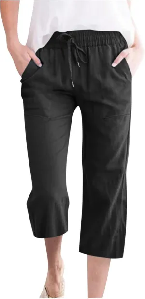 Womens Casual Linen Pants 2025 Spring Drawstring Elastic Waist Trousers with Pockets Fashion Capri Pants Clothing