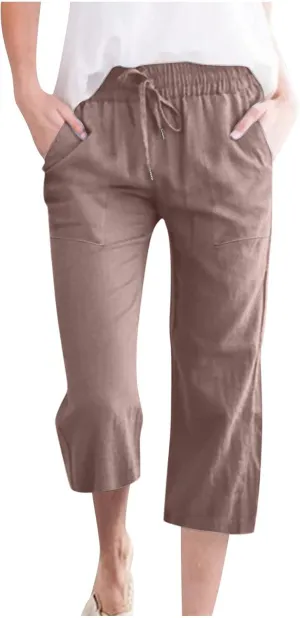 Womens Casual Linen Pants 2025 Spring Drawstring Elastic Waist Trousers with Pockets Fashion Capri Pants Clothing