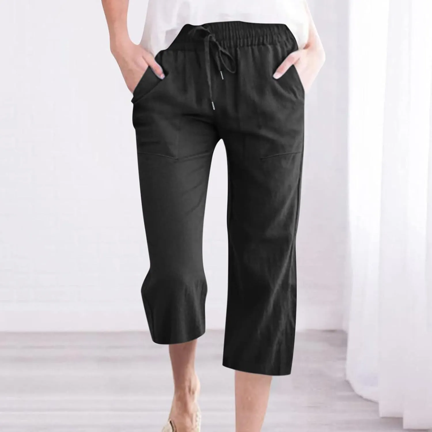 Womens Casual Linen Pants 2025 Spring Drawstring Elastic Waist Trousers with Pockets Fashion Capri Pants Clothing