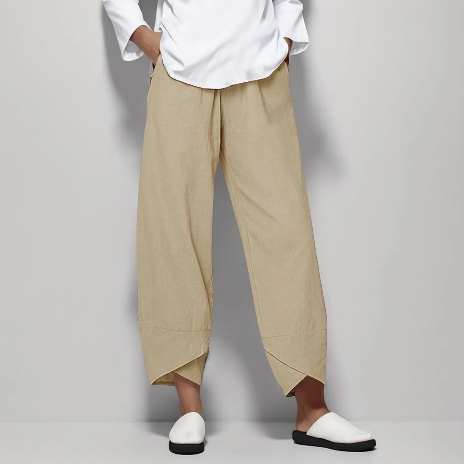 Womens Casual Linen Pants Loose Fit Summer Cotton Pocket Cropped Pants High Waisted Smocked Lounge Trousers Palazzo