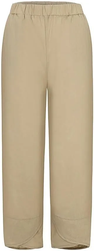 Womens Casual Linen Pants Loose Fit Summer Cotton Pocket Cropped Pants High Waisted Smocked Lounge Trousers Palazzo