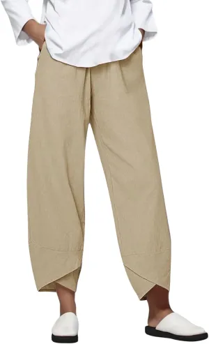 Womens Casual Linen Pants Loose Fit Summer Cotton Pocket Cropped Pants High Waisted Smocked Lounge Trousers Palazzo