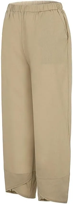 Womens Casual Linen Pants Loose Fit Summer Cotton Pocket Cropped Pants High Waisted Smocked Lounge Trousers Palazzo