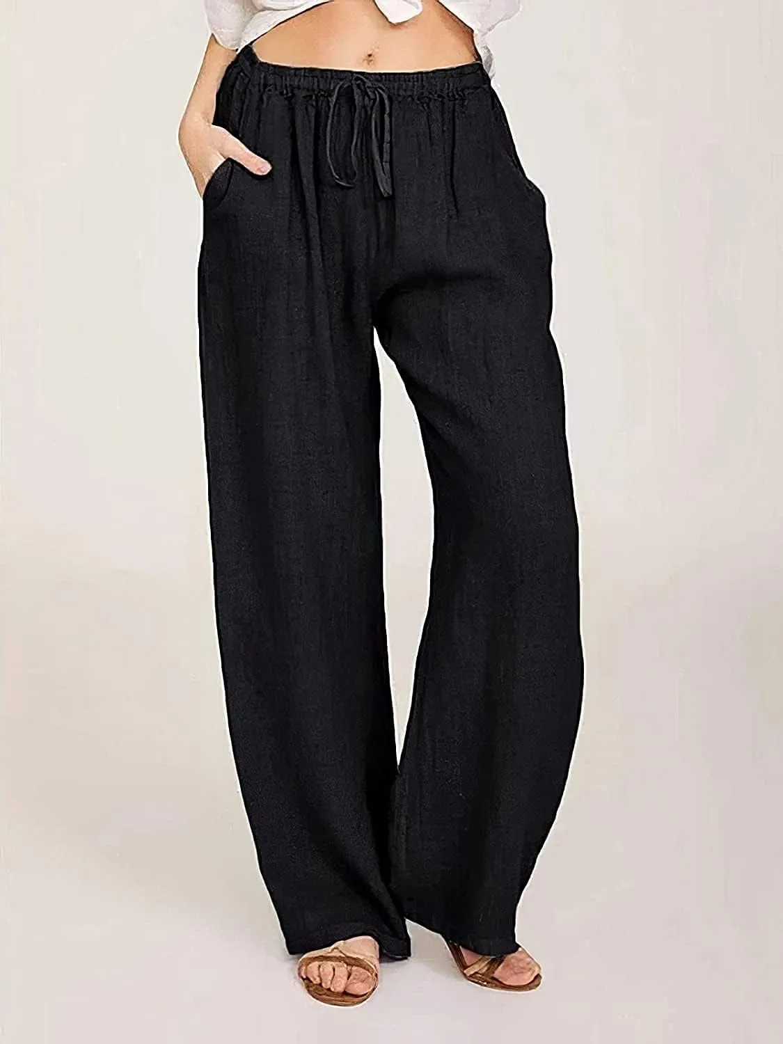 Women's Cotton Linen Long Pants High Waist Drawstring Loose Fit Casual Trousers with Pockets