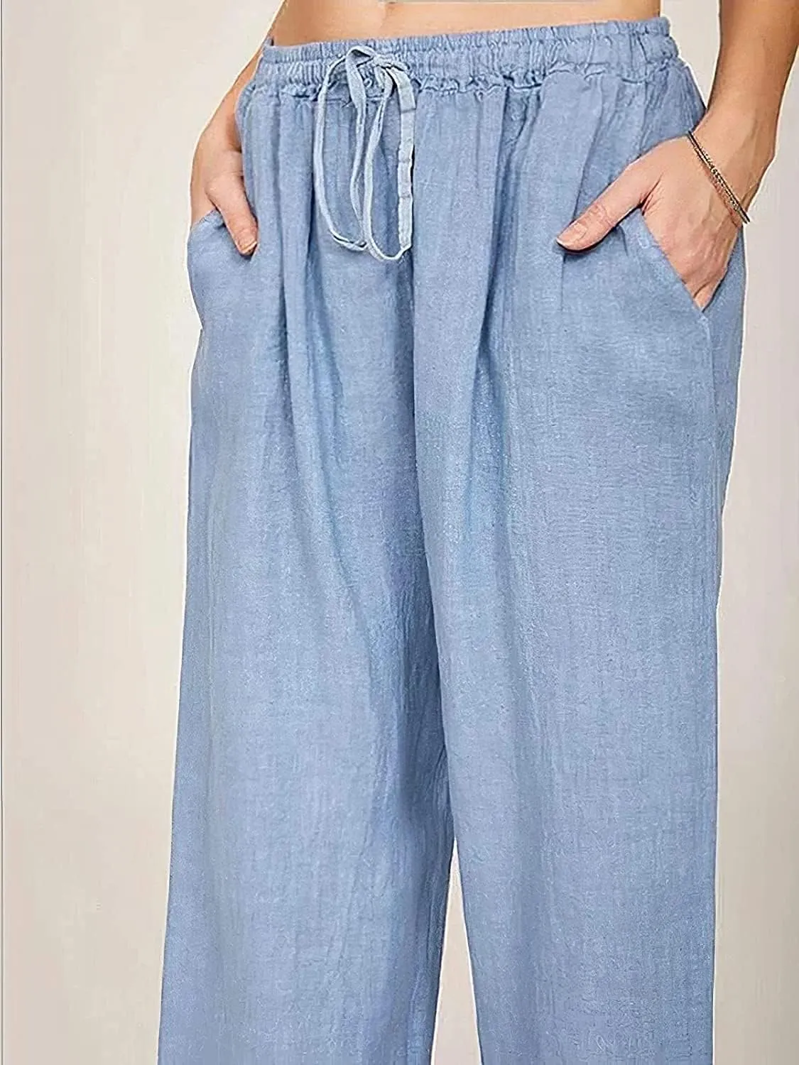Women's Cotton Linen Long Pants High Waist Drawstring Loose Fit Casual Trousers with Pockets