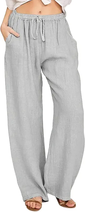 Women's Cotton Linen Long Pants High Waist Drawstring Loose Fit Casual Trousers with Pockets