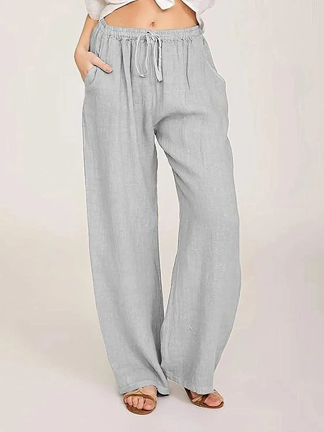 Women's Cotton Linen Long Pants High Waist Drawstring Loose Fit Casual Trousers with Pockets