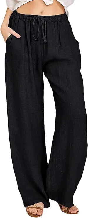 Women's Cotton Linen Long Pants High Waist Drawstring Loose Fit Casual Trousers with Pockets
