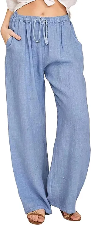 Women's Cotton Linen Long Pants High Waist Drawstring Loose Fit Casual Trousers with Pockets