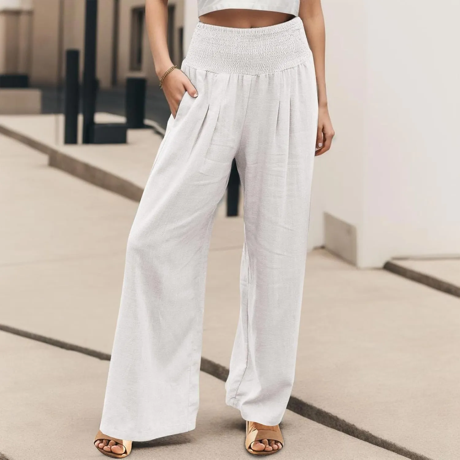Womens Cotton Linen Palazzo Pants Casual Summer Wide Leg High Waist Lounge Slacks Beach Flowy Trousers with Pockets