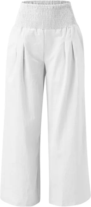 Womens Cotton Linen Palazzo Pants Casual Summer Wide Leg High Waist Lounge Slacks Beach Flowy Trousers with Pockets