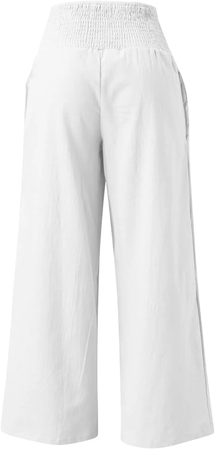 Womens Cotton Linen Palazzo Pants Casual Summer Wide Leg High Waist Lounge Slacks Beach Flowy Trousers with Pockets