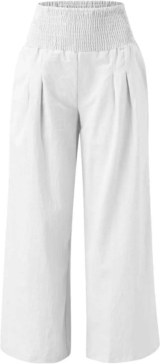 Womens Cotton Linen Palazzo Pants Casual Summer Wide Leg High Waist Lounge Slacks Beach Flowy Trousers with Pockets
