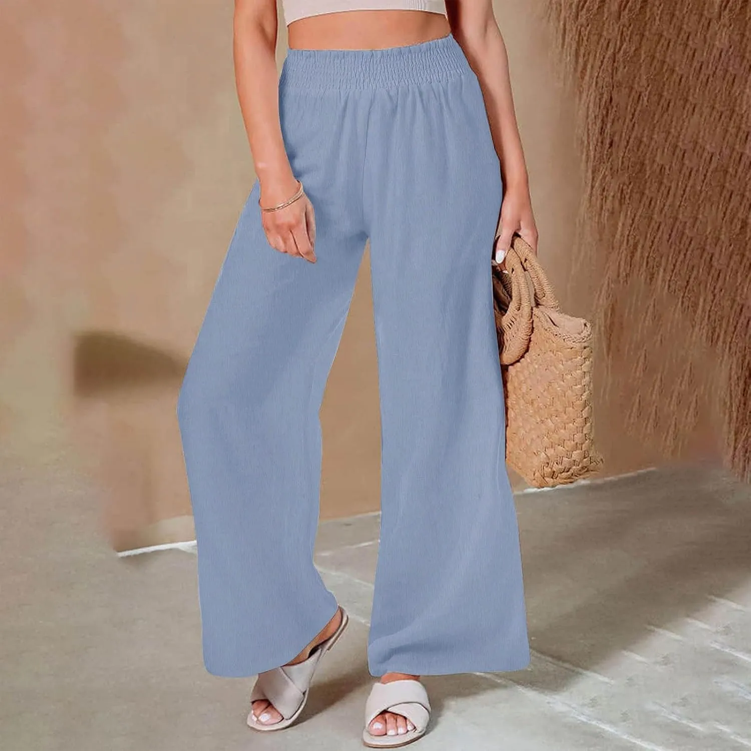 Womens Cotton Linen Palazzo Pants Plus Size High Waist Trousers Fashion Stretchy Wide Leg Pant Straight Pockets Pants