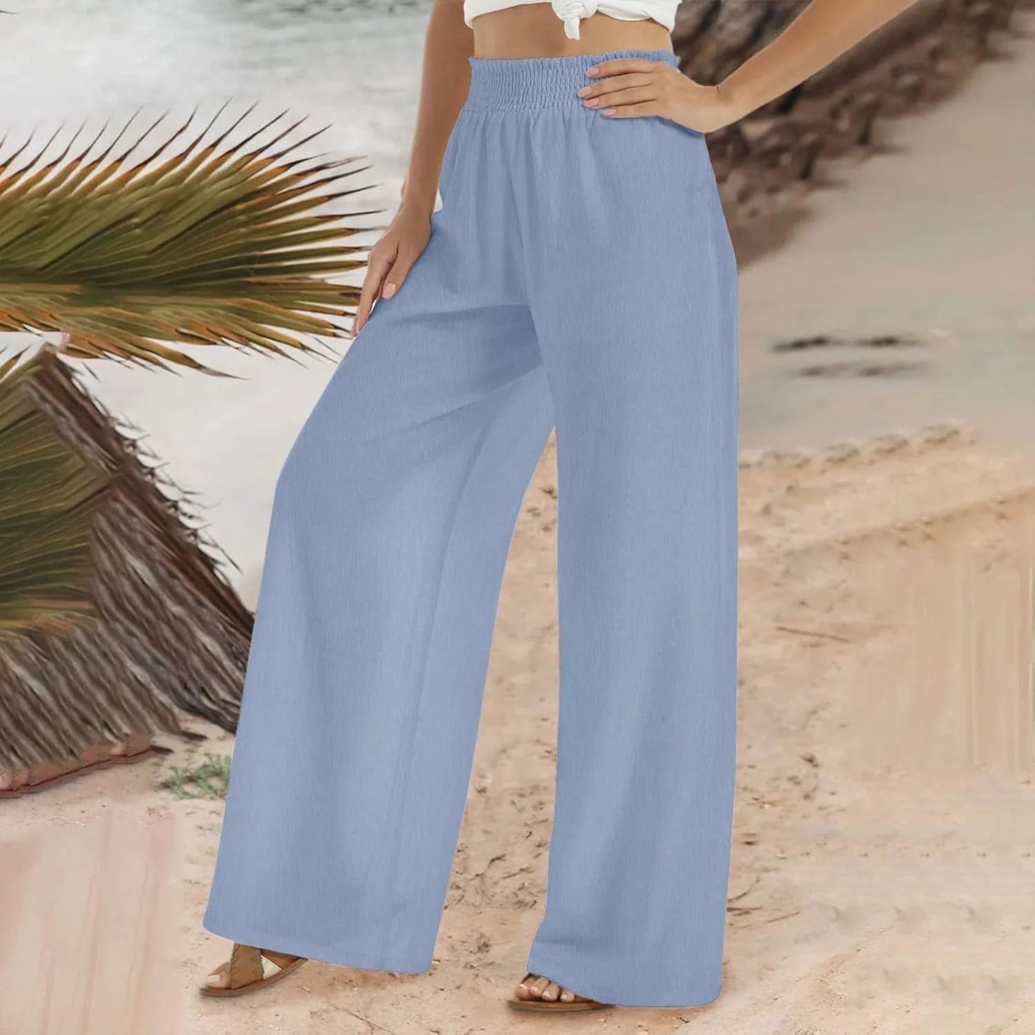 Womens Cotton Linen Palazzo Pants Plus Size High Waist Trousers Fashion Stretchy Wide Leg Pant Straight Pockets Pants