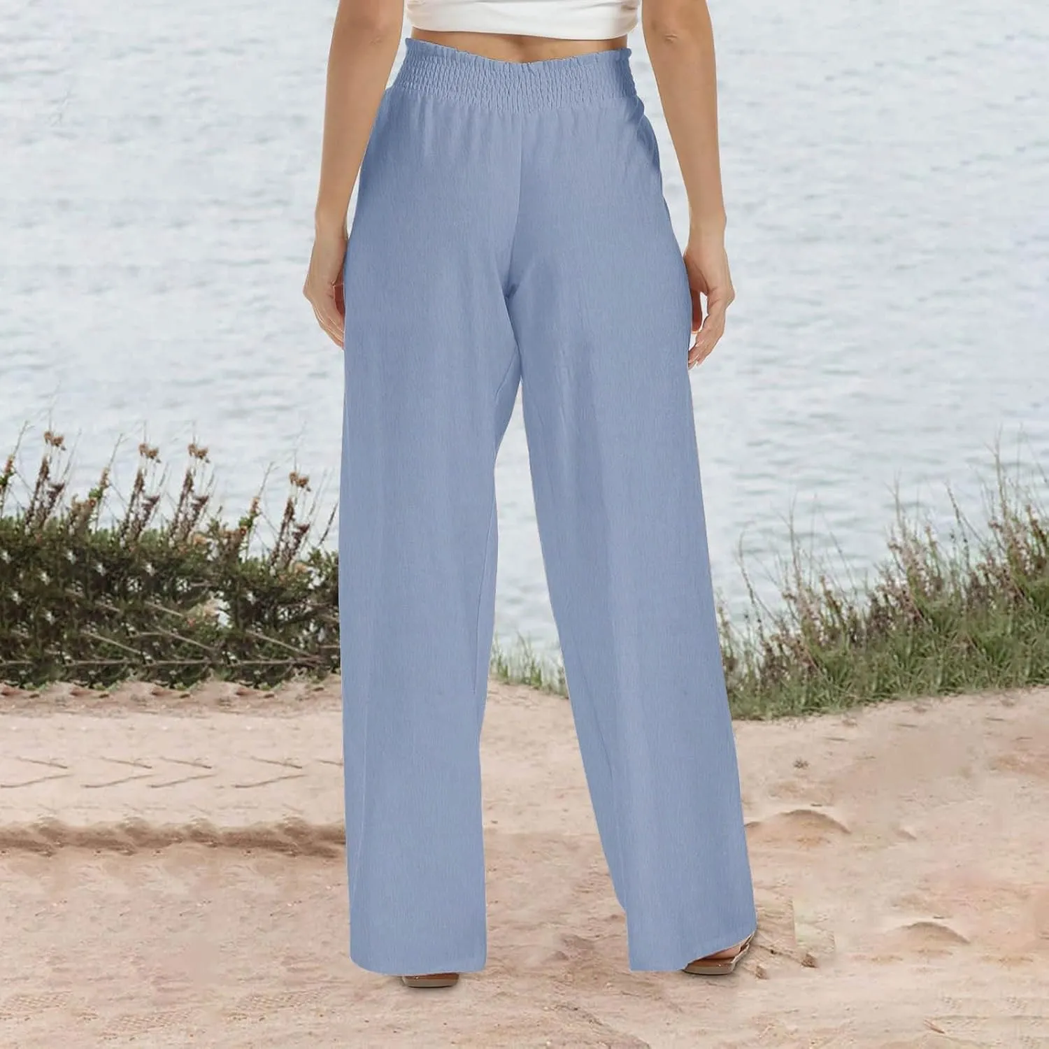 Womens Cotton Linen Palazzo Pants Plus Size High Waist Trousers Fashion Stretchy Wide Leg Pant Straight Pockets Pants