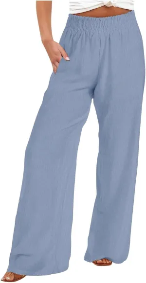 Womens Cotton Linen Palazzo Pants Plus Size High Waist Trousers Fashion Stretchy Wide Leg Pant Straight Pockets Pants