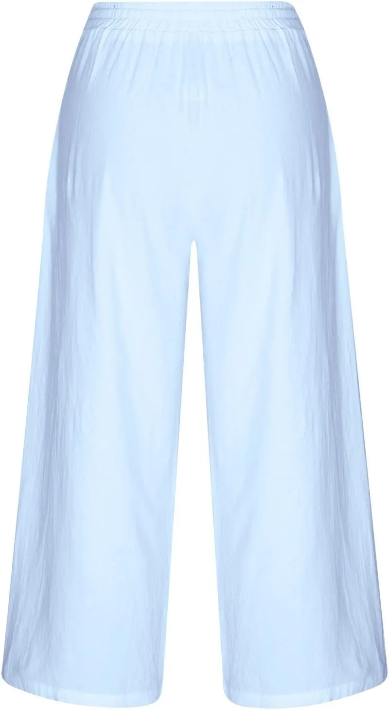 Womens Cotton Linen Pants Casual Drawstring Elastic Waist Pants Fashion Solid Lounge Long Trousers with Pockets