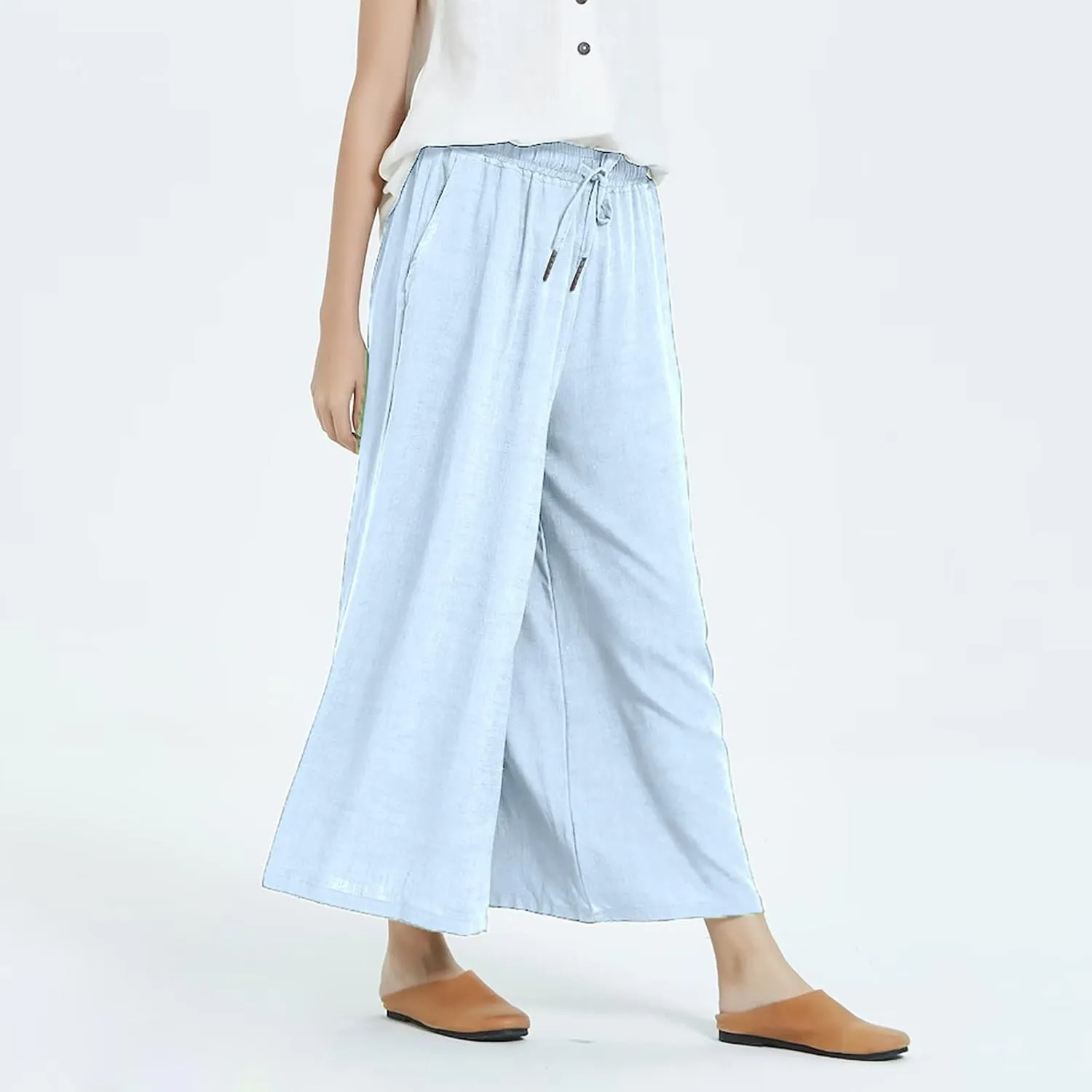 Womens Cotton Linen Pants Casual Drawstring Elastic Waist Pants Fashion Solid Lounge Long Trousers with Pockets