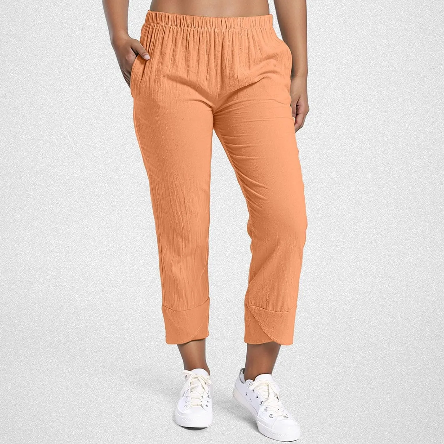 Women's Cotton Linen Pants Summer 2025 Casual Capri Pants with Pockets High Waisted Cropped Comfy Baggy Trousers