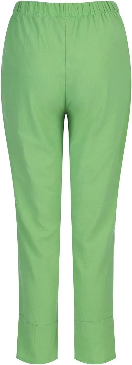 Women's Cotton Linen Pants Summer 2025 Casual Capri Pants with Pockets High Waisted Cropped Comfy Baggy Trousers