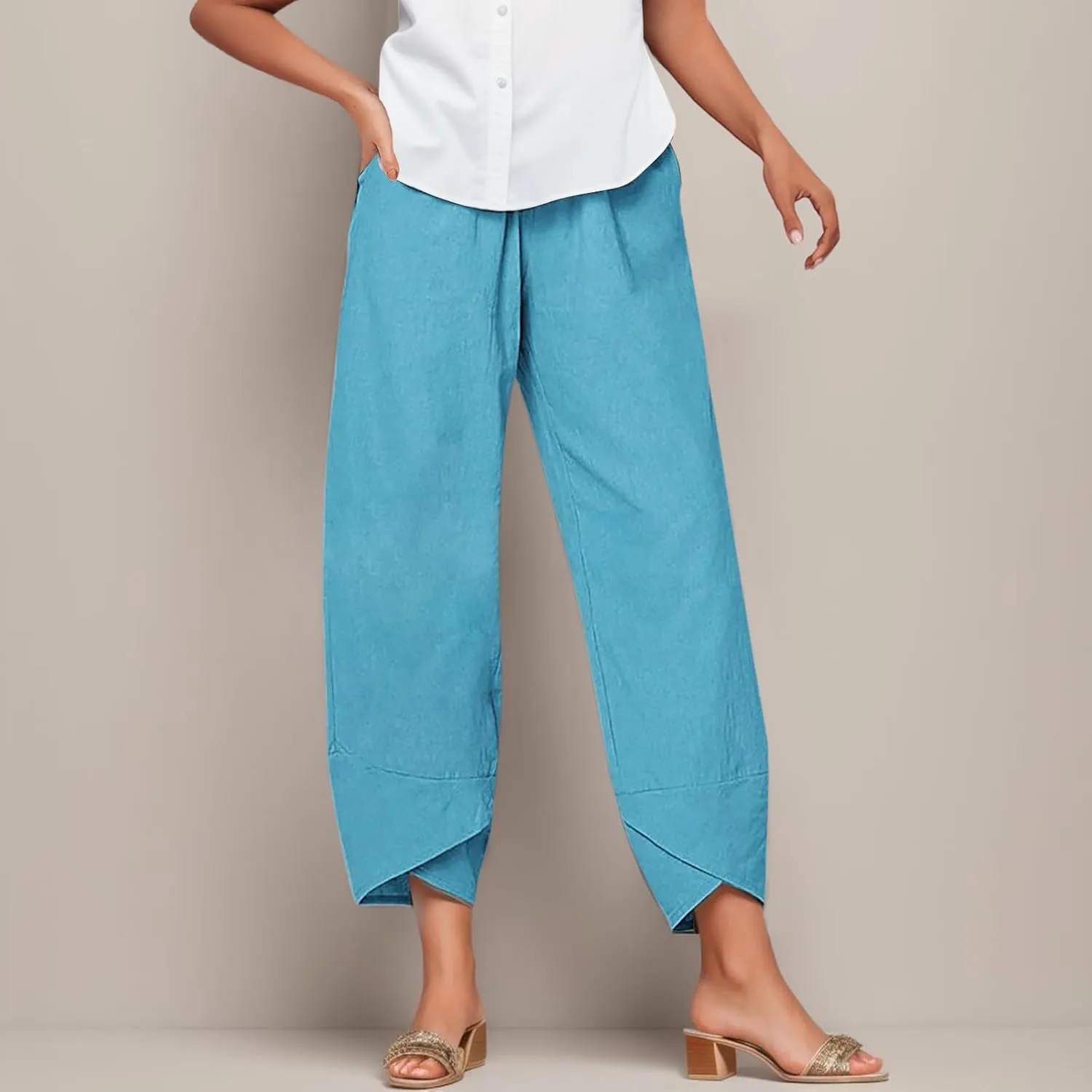 Women's Cotton Linen Pants Summer 2025 Casual Capri Pants with Pockets High Waisted Cropped Comfy Baggy Trousers
