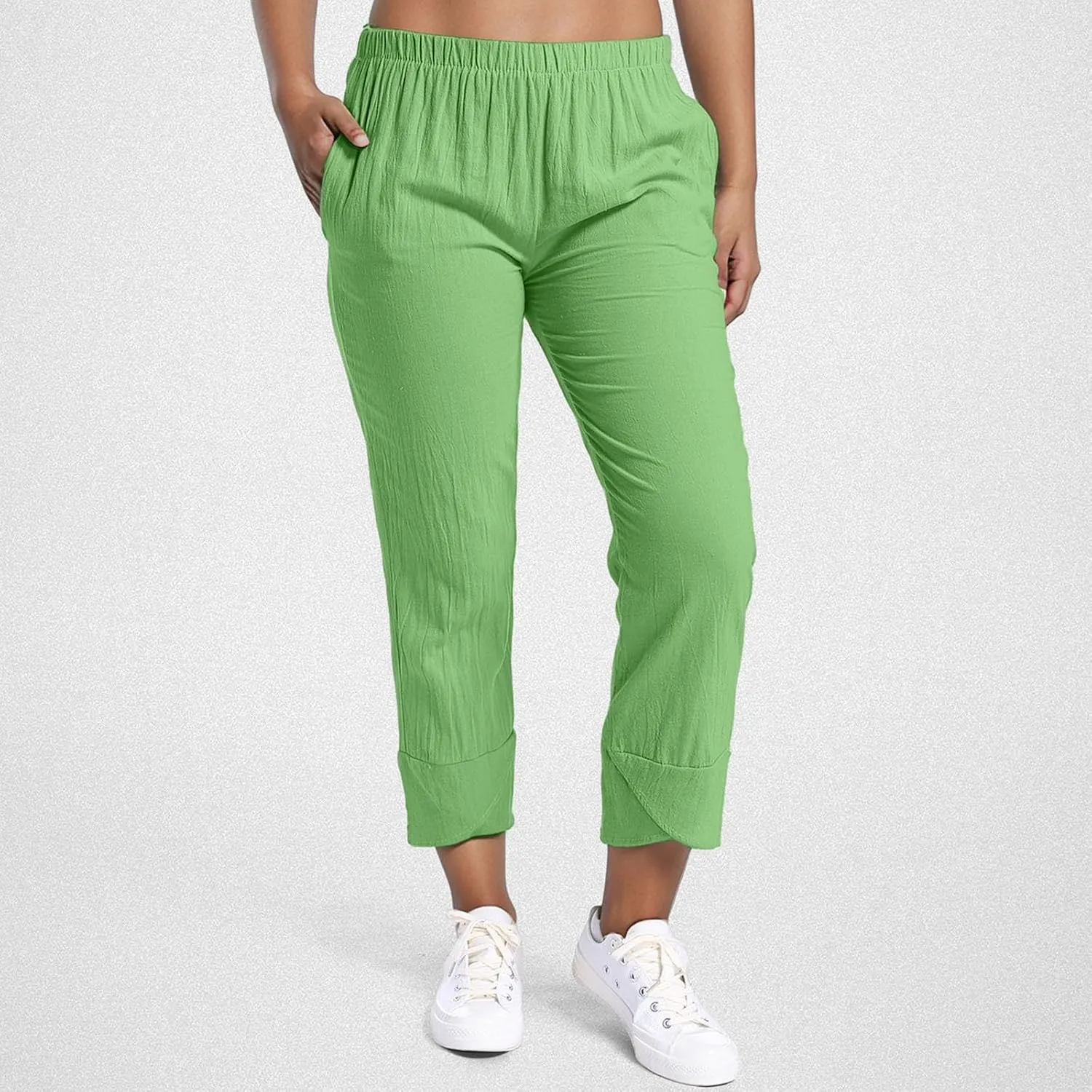Women's Cotton Linen Pants Summer 2025 Casual Capri Pants with Pockets High Waisted Cropped Comfy Baggy Trousers