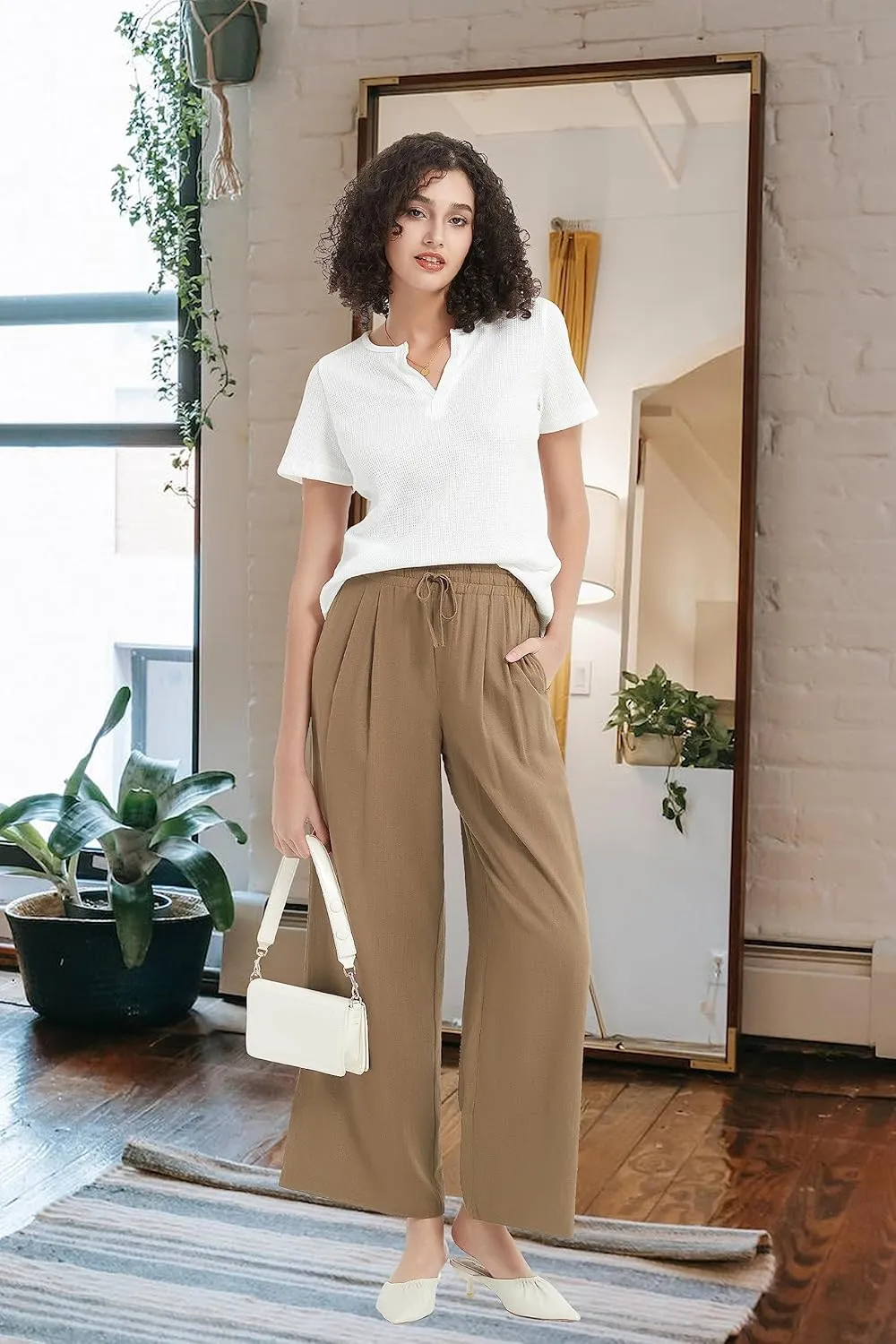 Womens Cotton Linen Pants Summer Casual Drawstring High Waisted Palazzo Flowy Wide Leg Trousers with Pockets