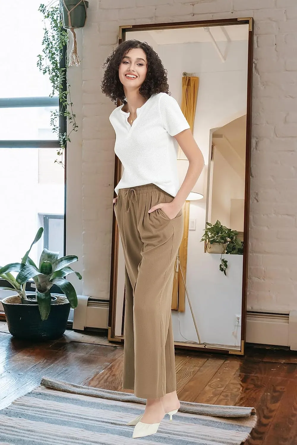 Womens Cotton Linen Pants Summer Casual Drawstring High Waisted Palazzo Flowy Wide Leg Trousers with Pockets