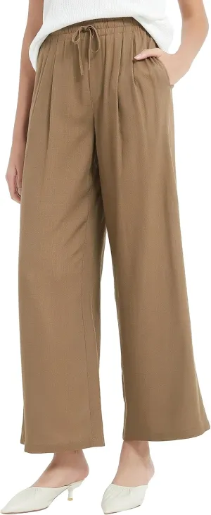 Womens Cotton Linen Pants Summer Casual Drawstring High Waisted Palazzo Flowy Wide Leg Trousers with Pockets
