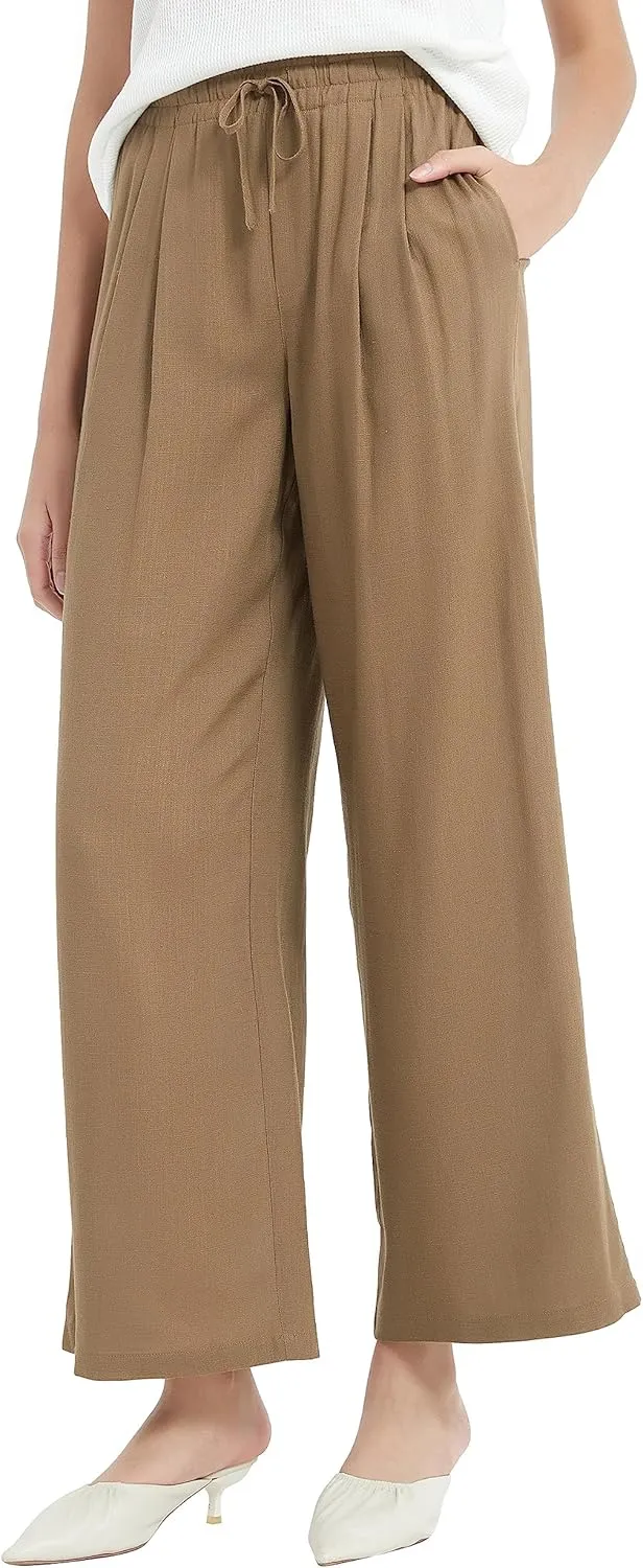 Womens Cotton Linen Pants Summer Casual Drawstring High Waisted Palazzo Flowy Wide Leg Trousers with Pockets
