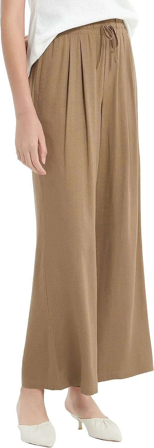 Womens Cotton Linen Pants Summer Casual Drawstring High Waisted Palazzo Flowy Wide Leg Trousers with Pockets