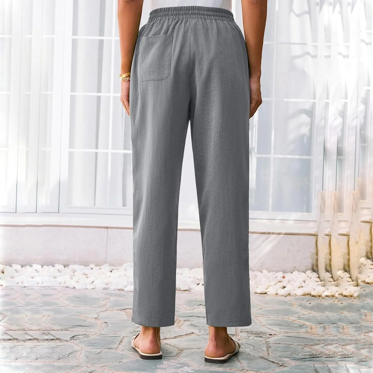 Women's Cotton Linen Straight Leg Pants Elastic Drawstring Trousers with Pockets Summer Beach Lounge Pants