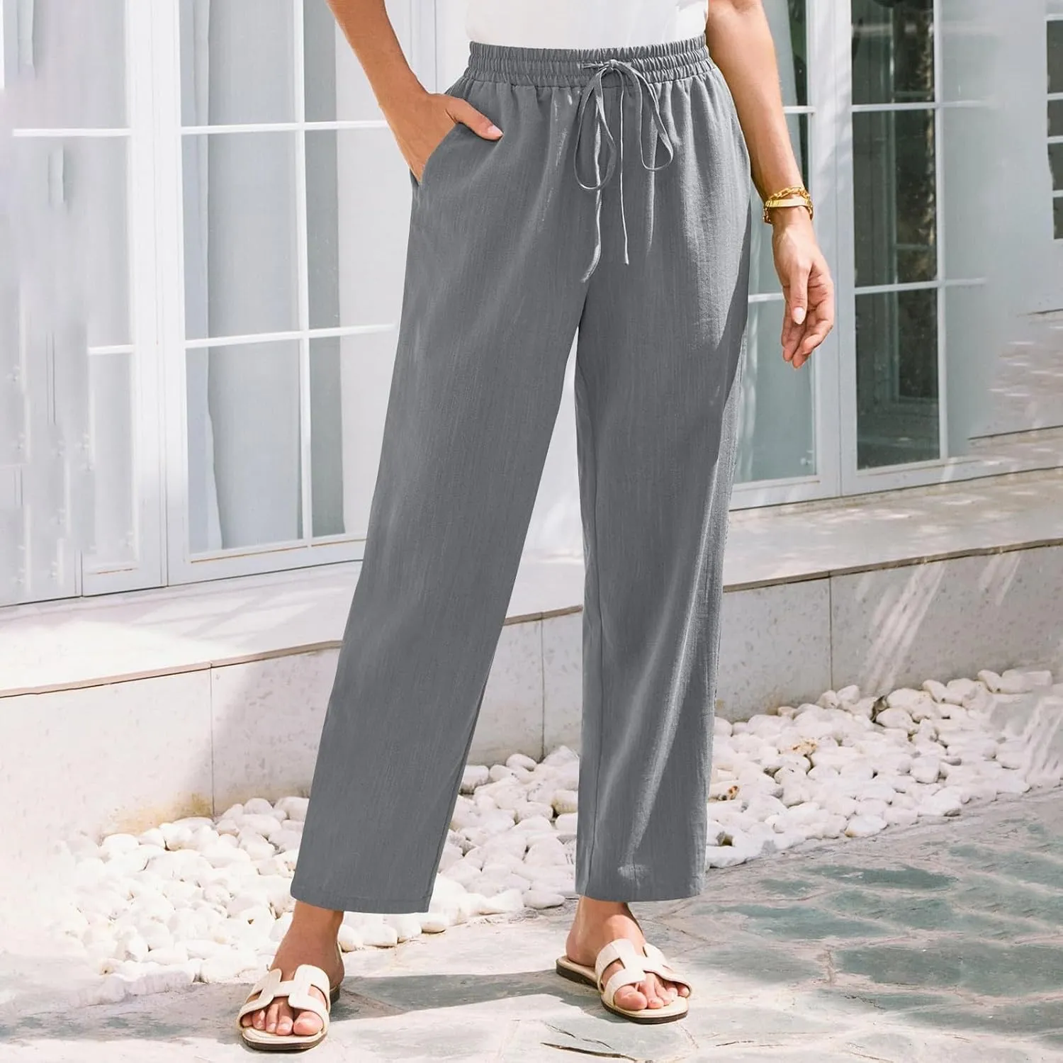 Women's Cotton Linen Straight Leg Pants Elastic Drawstring Trousers with Pockets Summer Beach Lounge Pants