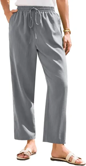 Women's Cotton Linen Straight Leg Pants Elastic Drawstring Trousers with Pockets Summer Beach Lounge Pants