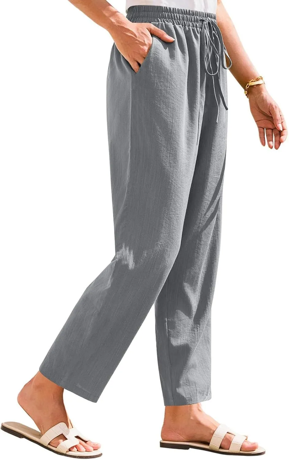 Women's Cotton Linen Straight Leg Pants Elastic Drawstring Trousers with Pockets Summer Beach Lounge Pants