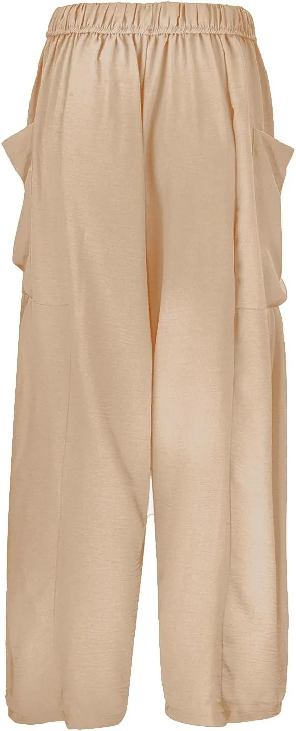 Womens Cotton Linen Summer Baggy Palazzo Pants Low Waist Lounge Pants Slim-Fit Palazzo Lounge Pants Beach