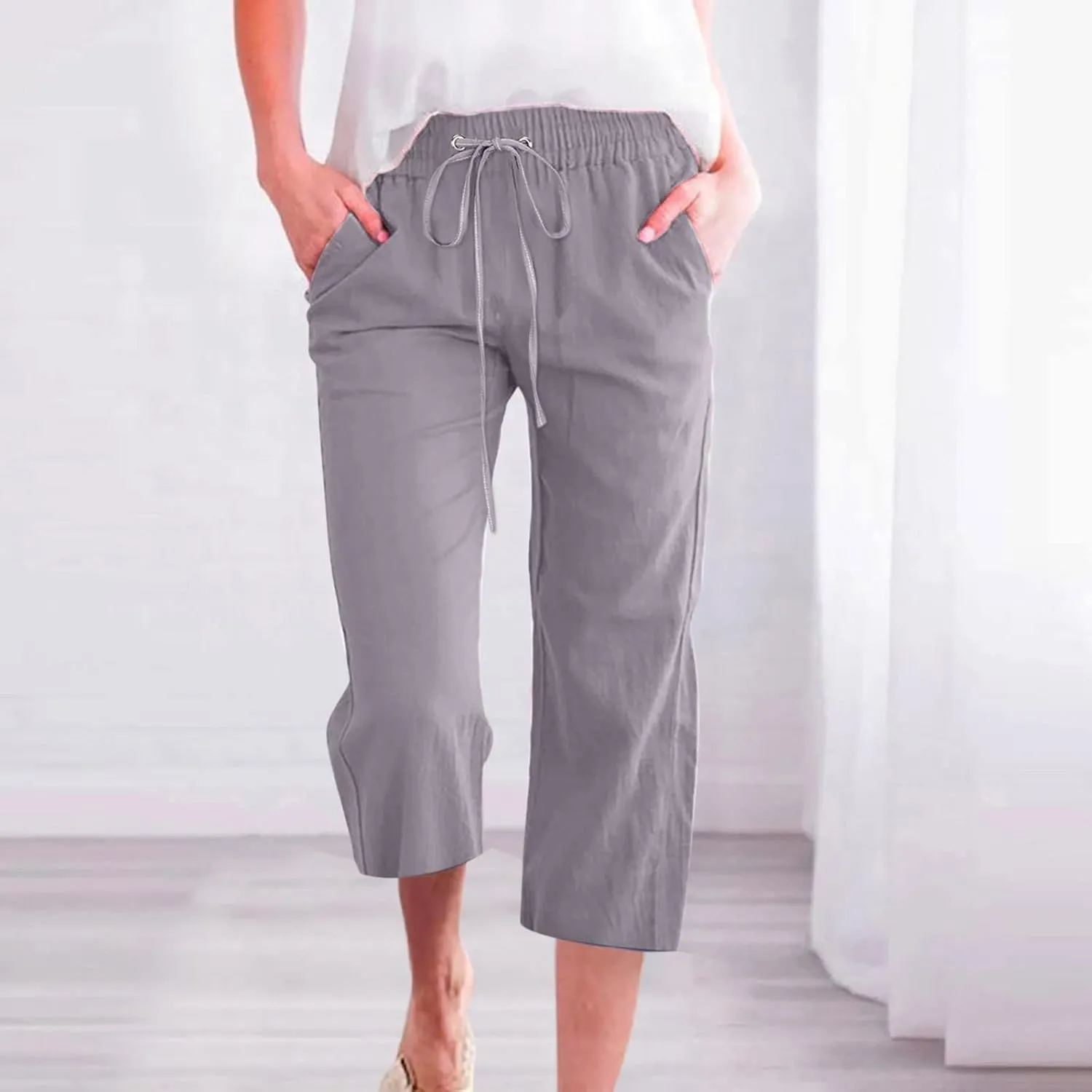 Women's Cotton Linen Summer Fashion Pant Trousers Low Waist Baggy Stretchy Loose Fit Pant Trousers Business Work