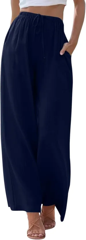 Women's Cotton Linen Summer Palazzo Pants Beach Flowy Wide Leg Trousers Drawstring Elastic Waist Slacks with Pockets